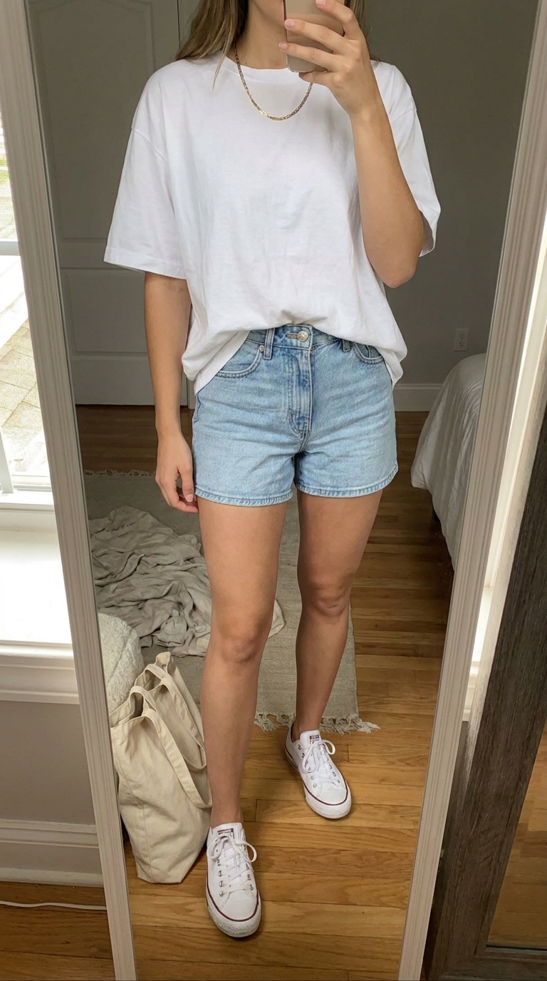 1. Effortless Chic: White Tee & Denim Shorts