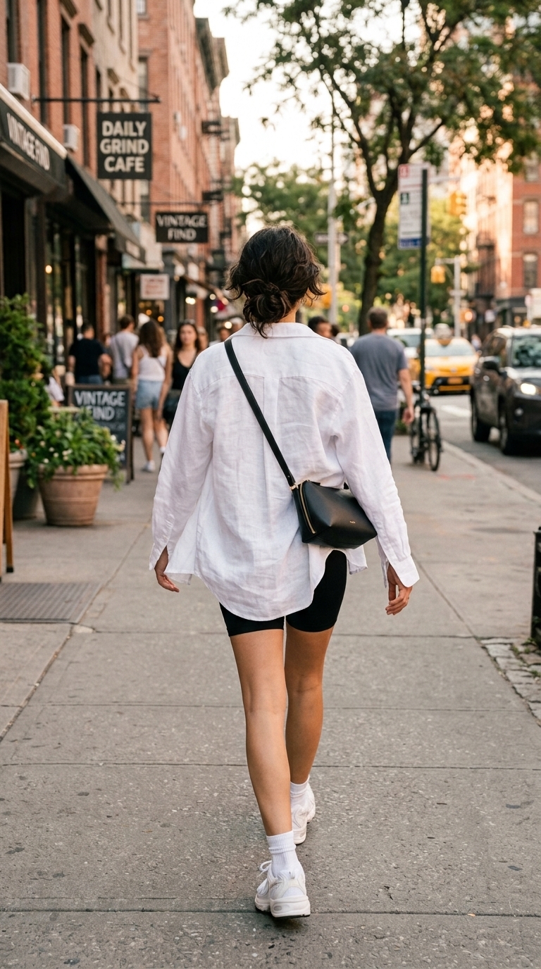 1. Oversized Button-Up & Bike Shorts Combo