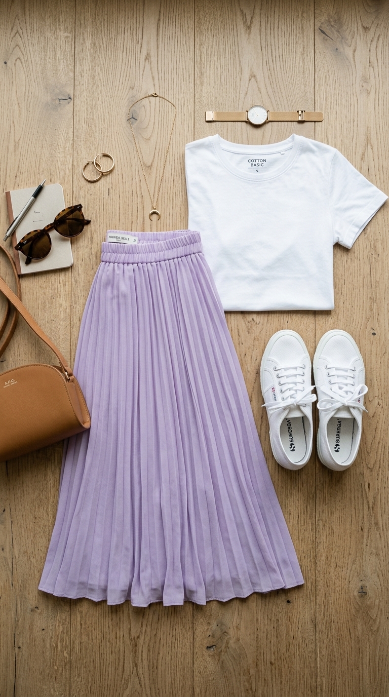 11. Pleated Skirt and a Classic Tee for Effortless Chic