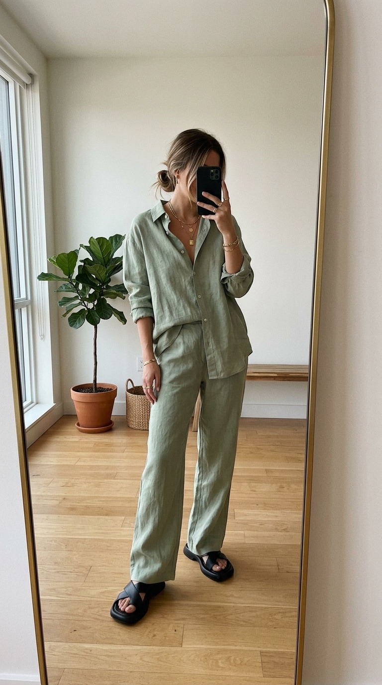3. Breezy Linen Set & Statement Sandals