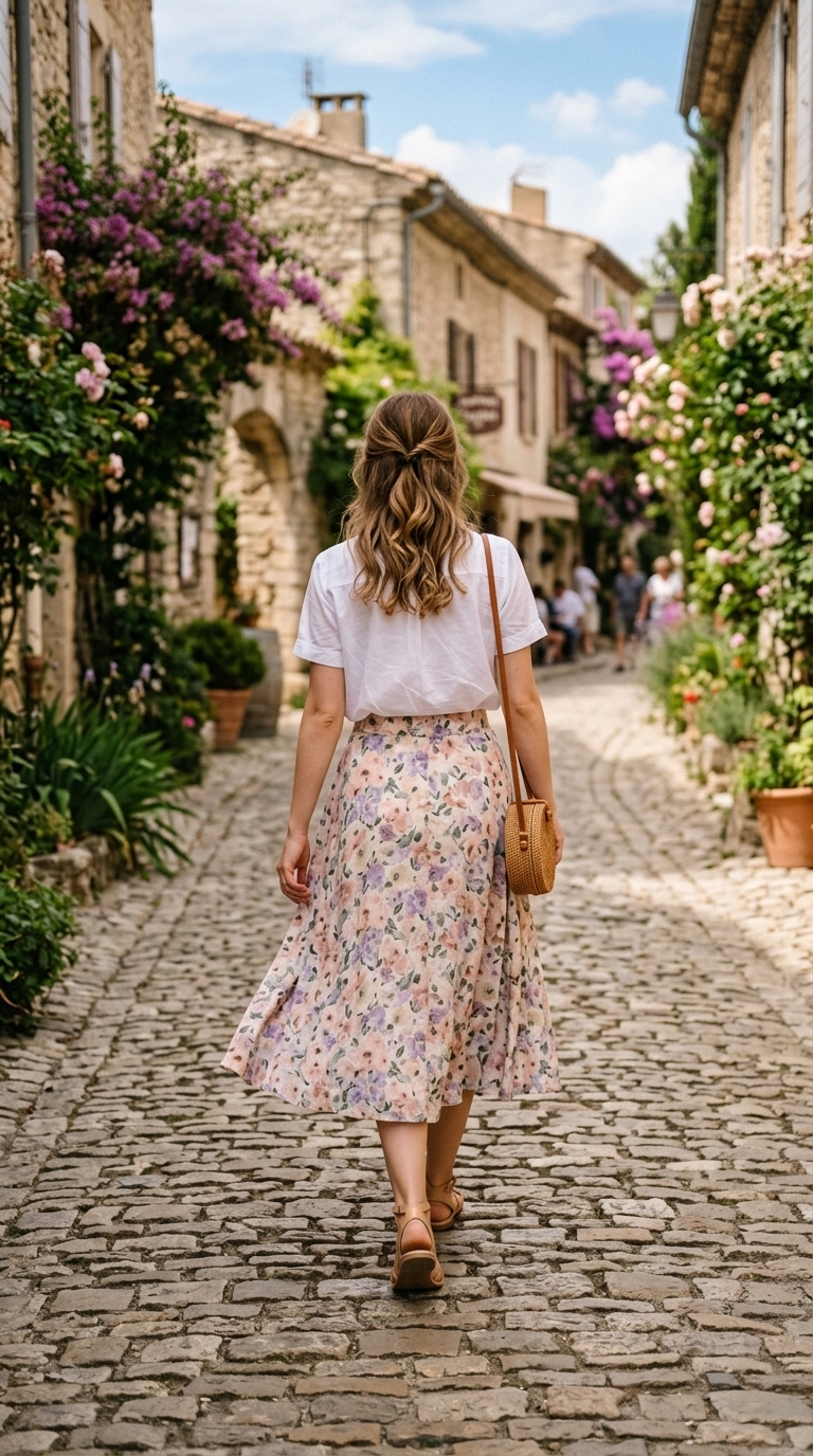 4. Flowy Midi Skirt with a Breathable Blouse