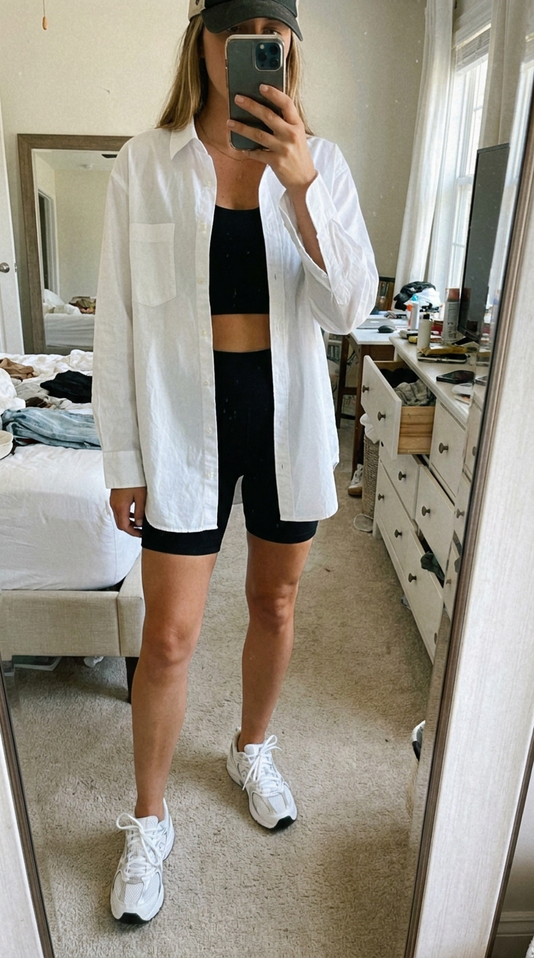 6. Athleisure Aesthetic: Bike Shorts & Oversized Shirt