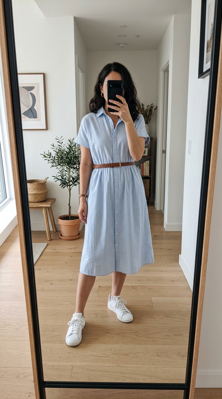 6. The Versatile Shirt Dress with Comfy Sneakers
