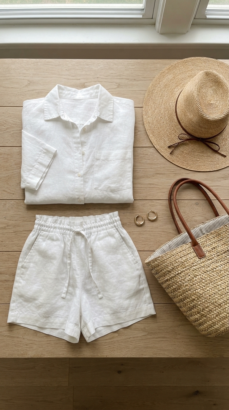 1. Effortless Linen Set with a Wide-Brim Straw Hat