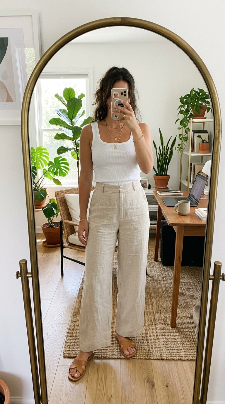 1. Elevated Basics: Wide-Leg Linen Pants & Ribbed Tank