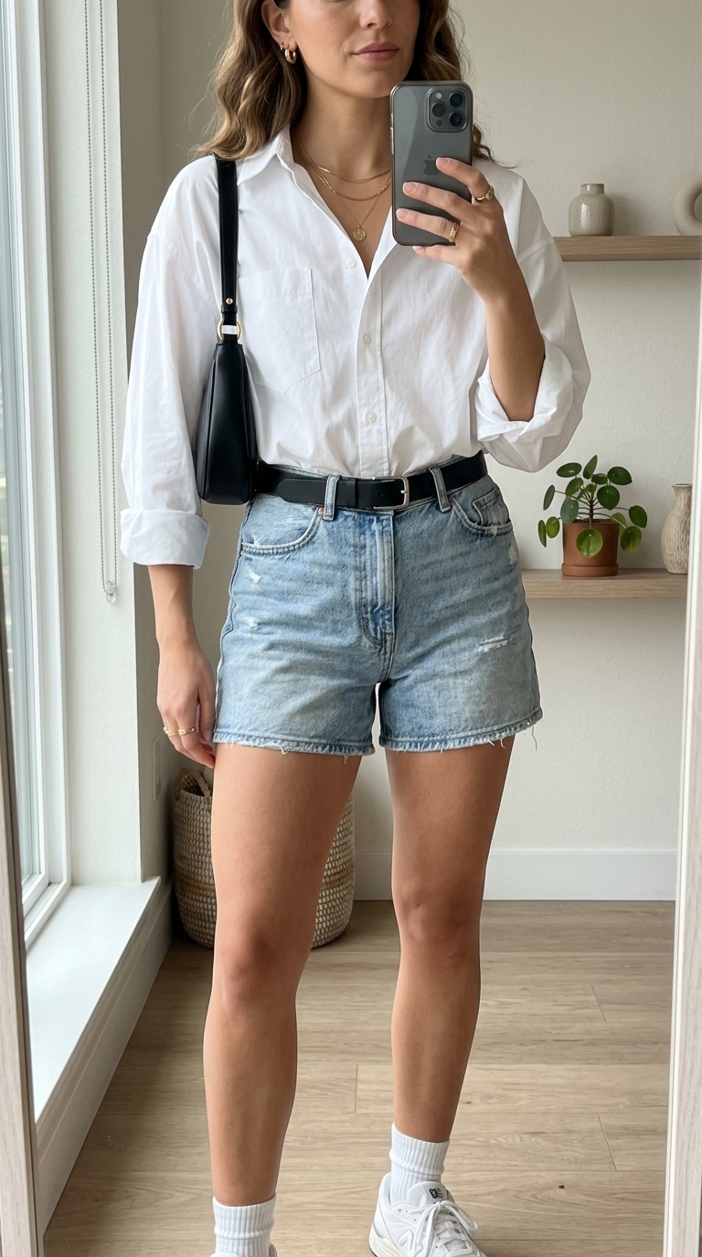 1. The Classic Oversized Shirt + Denim Shorts Combo