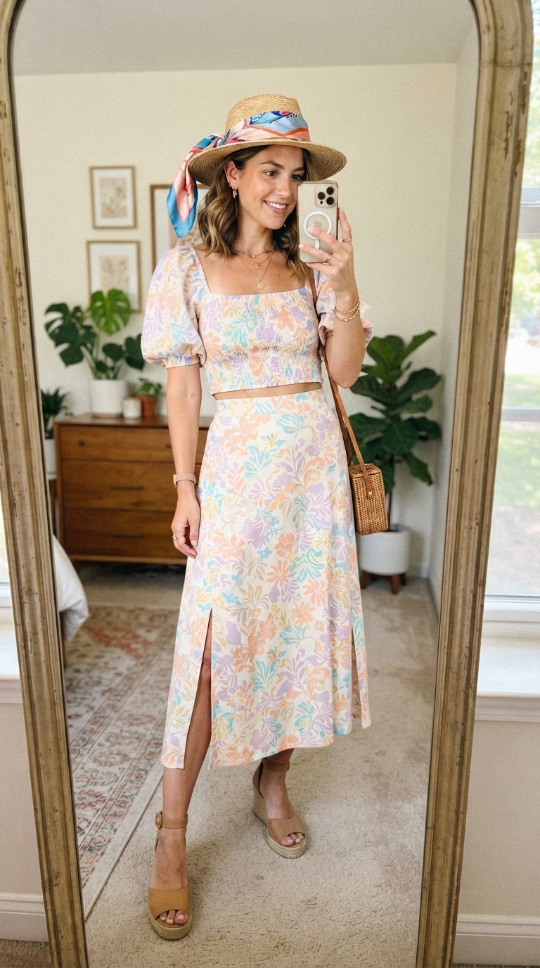 10. Matching Skirt Set with a Scarf-Tied Straw Hat