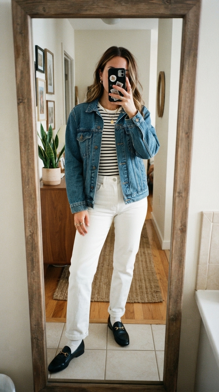 10. Over a Striped Knit Top & White Jeans