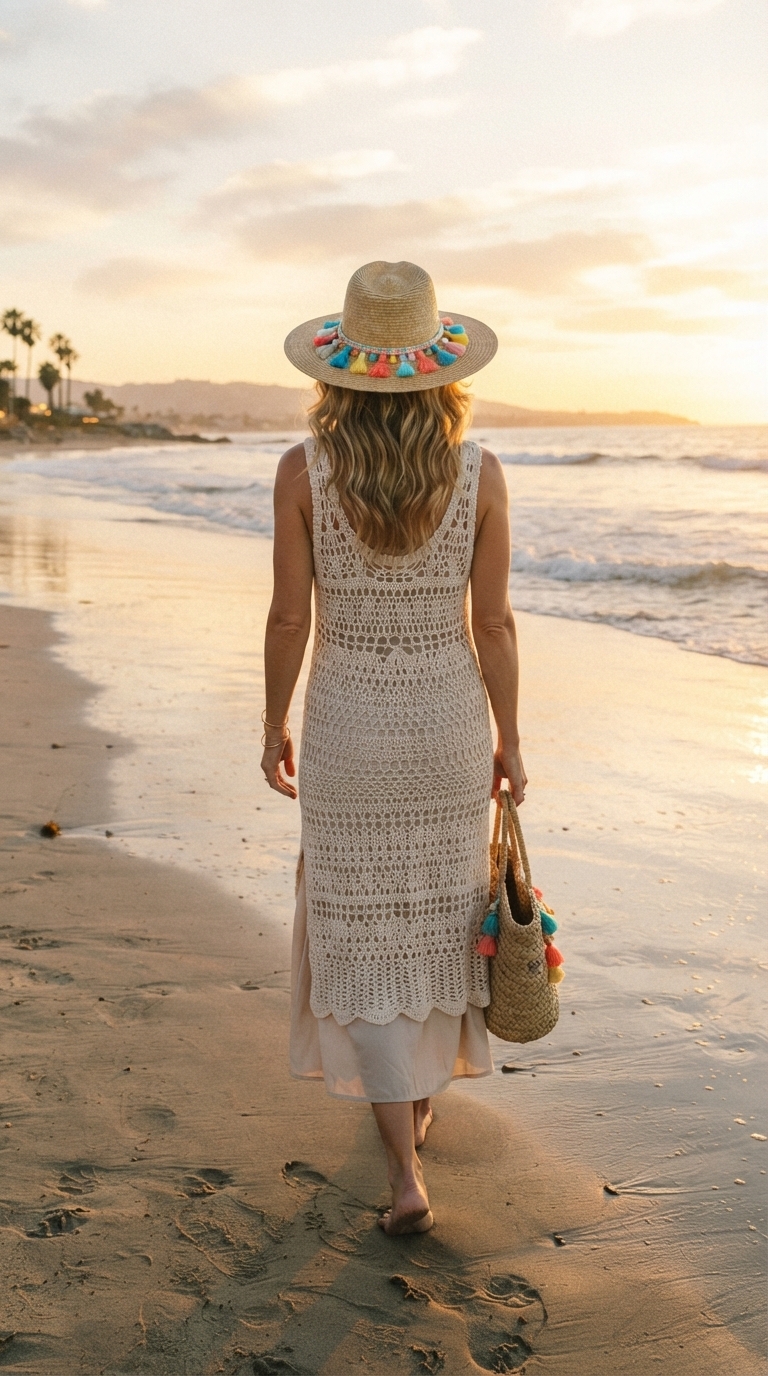 12. Chic Crochet Dress with a Tasselled Straw Hat