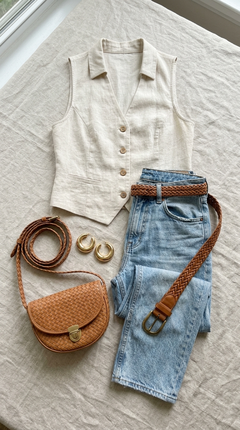2. Chic Vest + Loose Jeans Combo