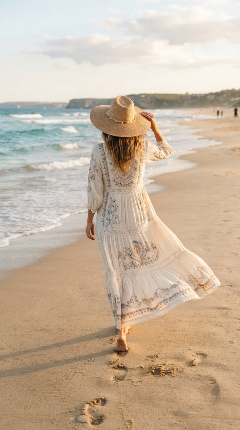 2. Flowy Boho Maxi Dress and a Floppy Straw Hat Combo
