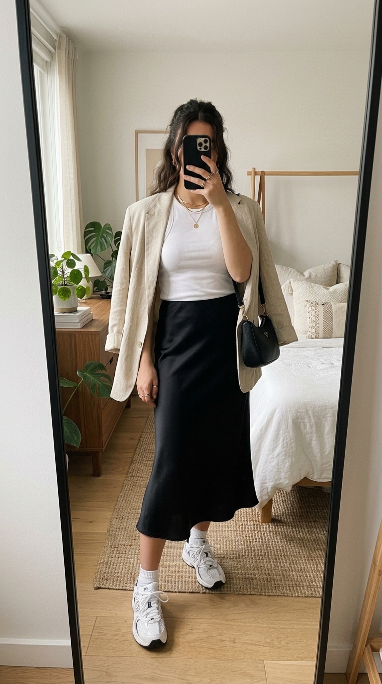 2. Flowy Midi Skirt + Lightweight Top