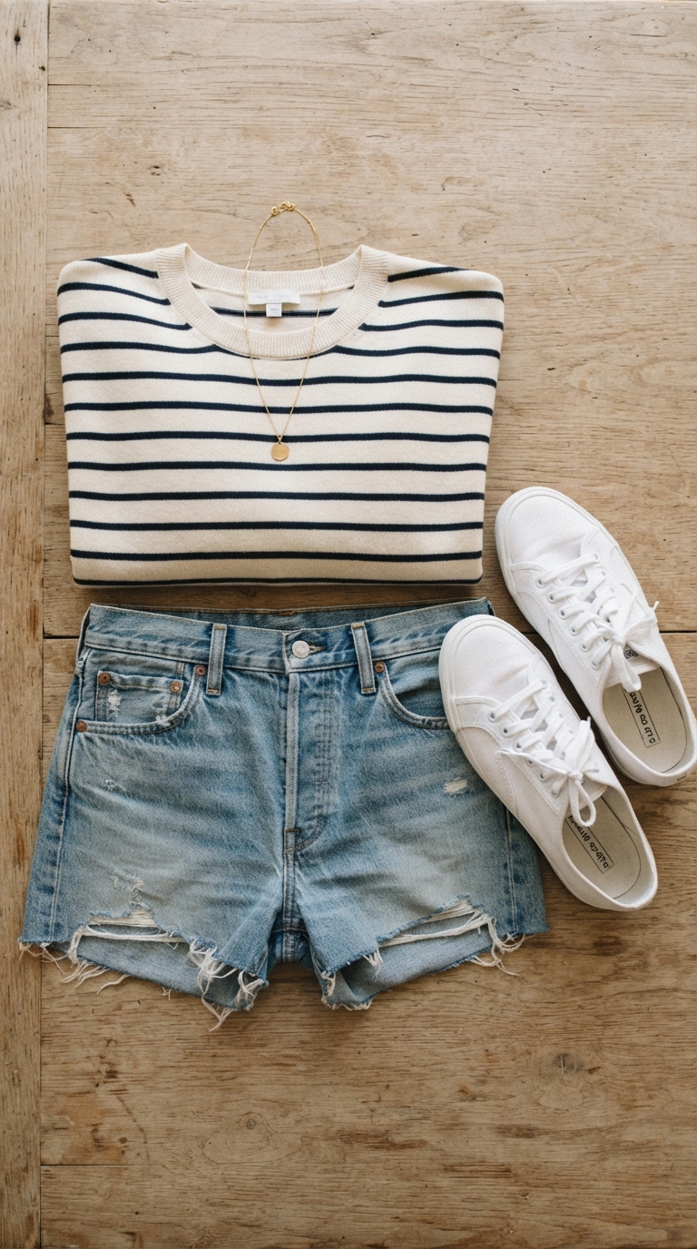 2. Nautical Nuance: Denim Shorts & Striped Knit