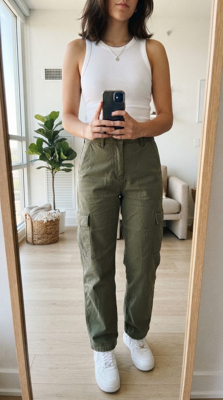 2. Olive Cargo Pants & White Tank Combo