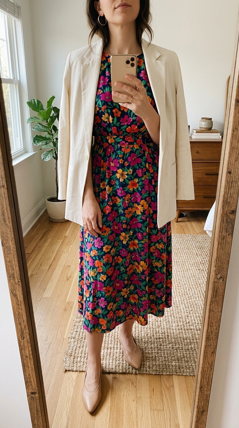 2. Printed Midi Dress & Lightweight Blazer Combo