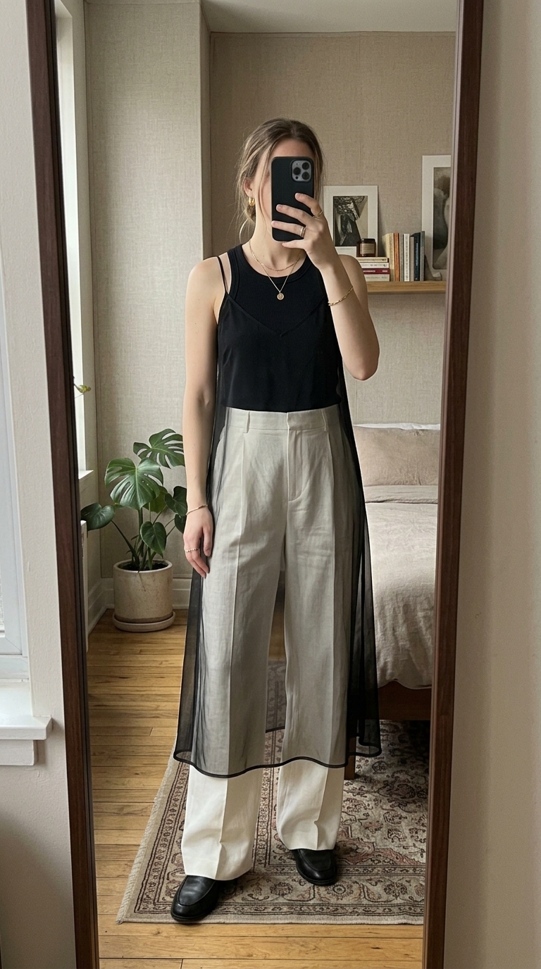 2. Sheer Midi Dress Over Trousers