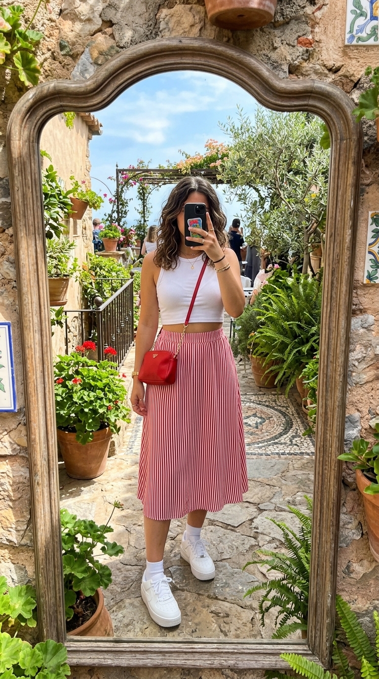 2. Striped Midi Skirt & White Crop Top