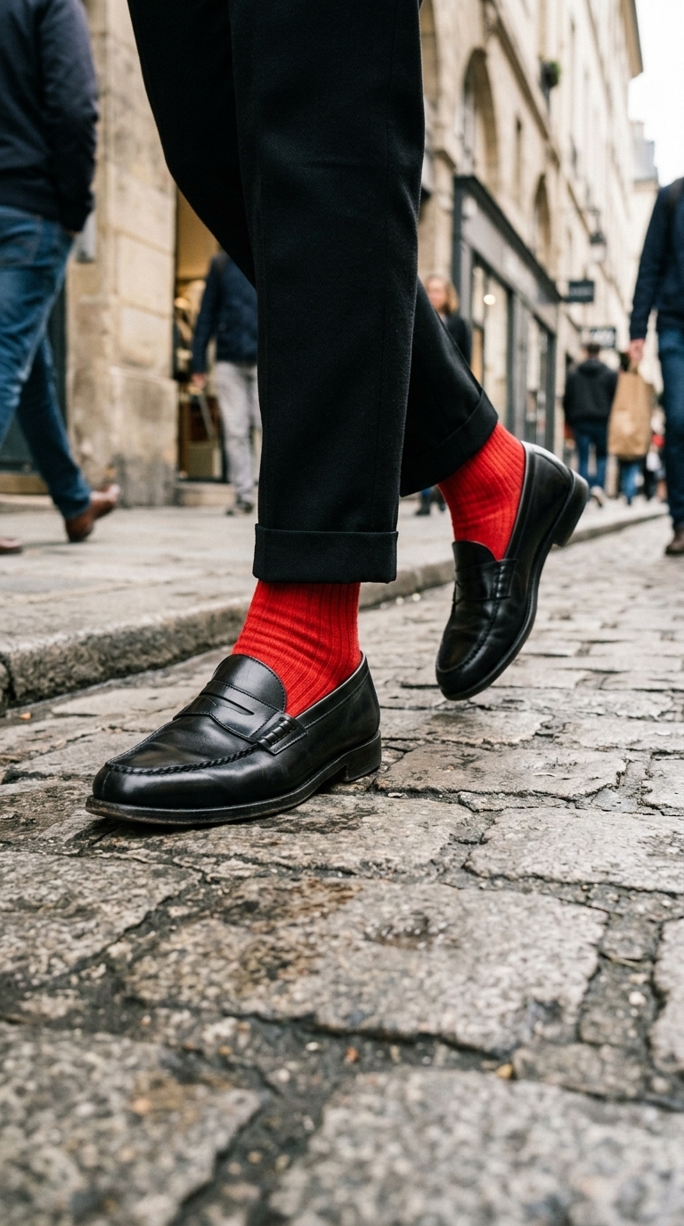 2. Subtle Red Socks with Loafers