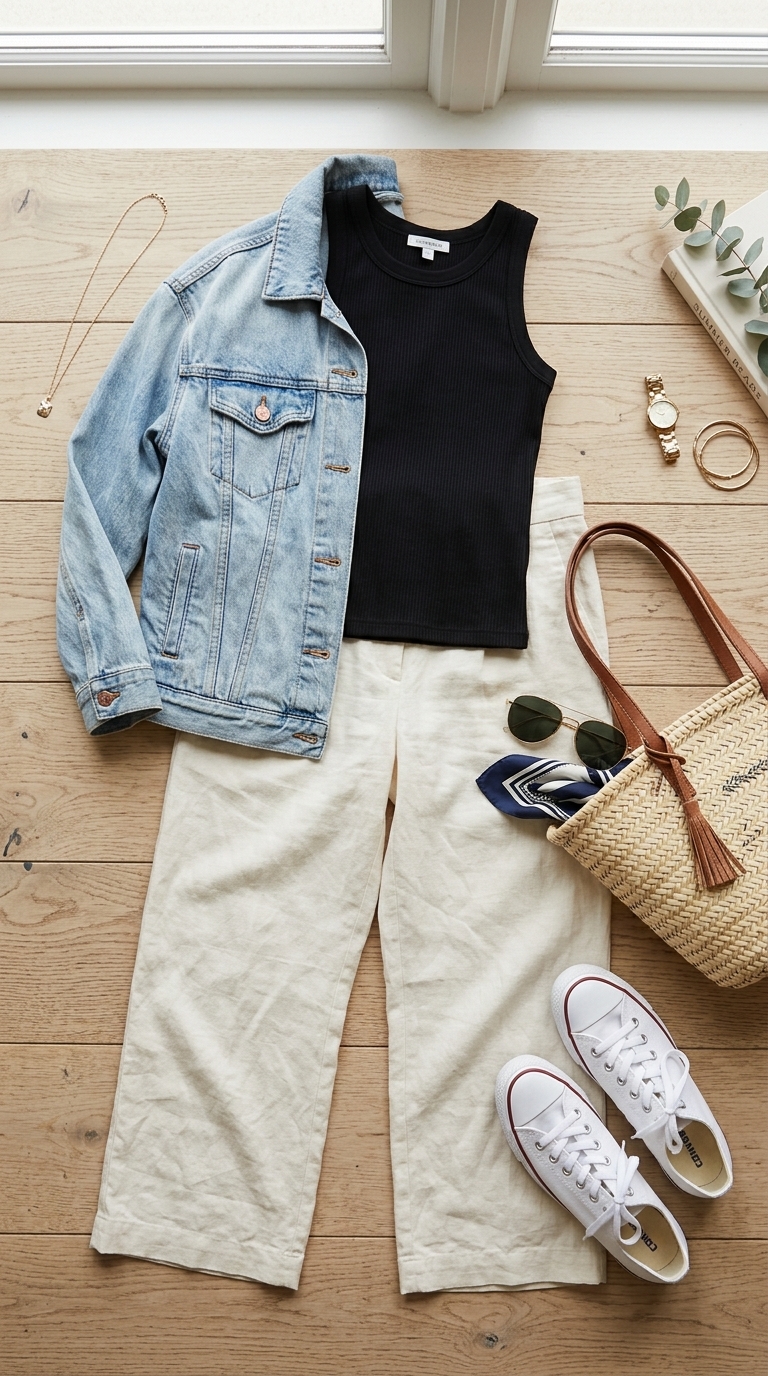 2. Wide-Leg Linen Trousers & Fitted Tank Combo