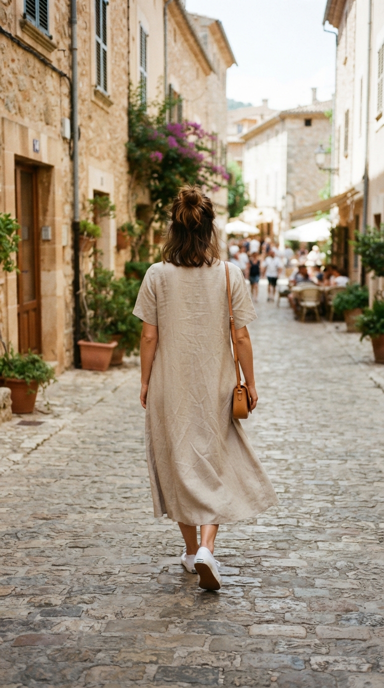 3. Breezy & Chic: Linen Midi Dress with White Sneakers