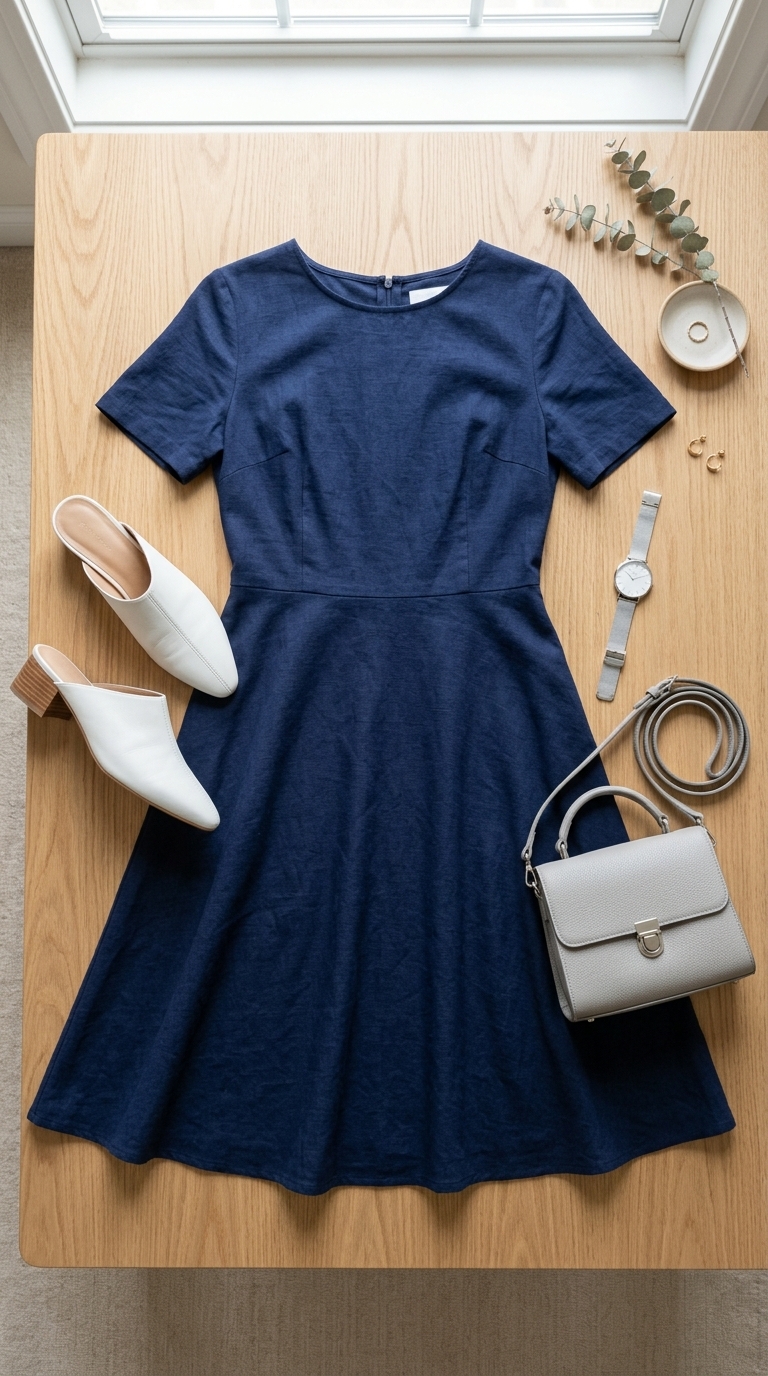 3. Classic A-Line Dress with Stylish Mules