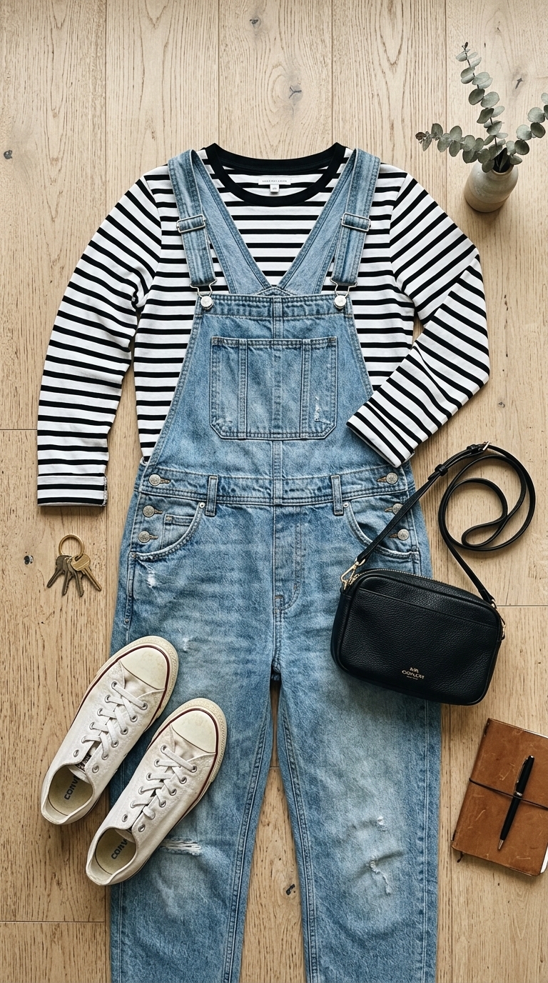 4. Classic Overalls with a Striped Top for Playful Practicality