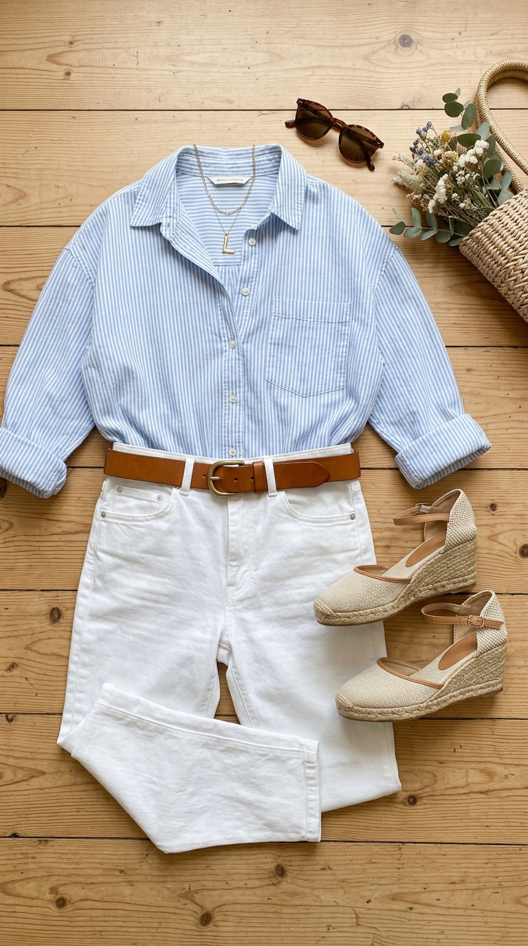 4. Denim Done Right: White Jeans & Striped Button-Up