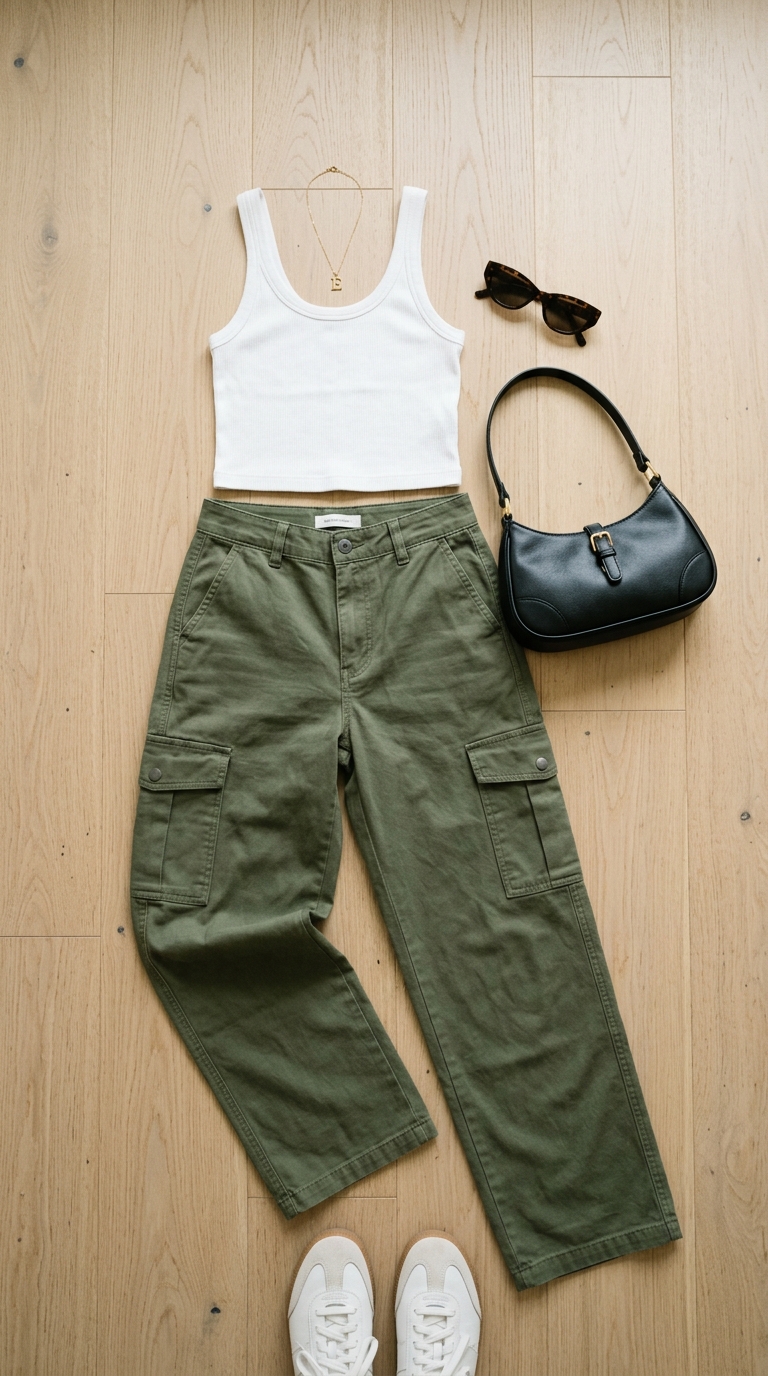 4. Utilitarian Chic: Cropped Tank + Wide-Leg Cargo Pants