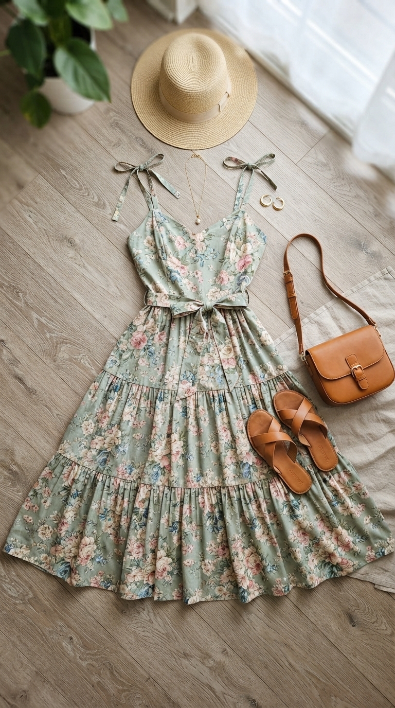 4. Vintage Floral Sundress & Sandals