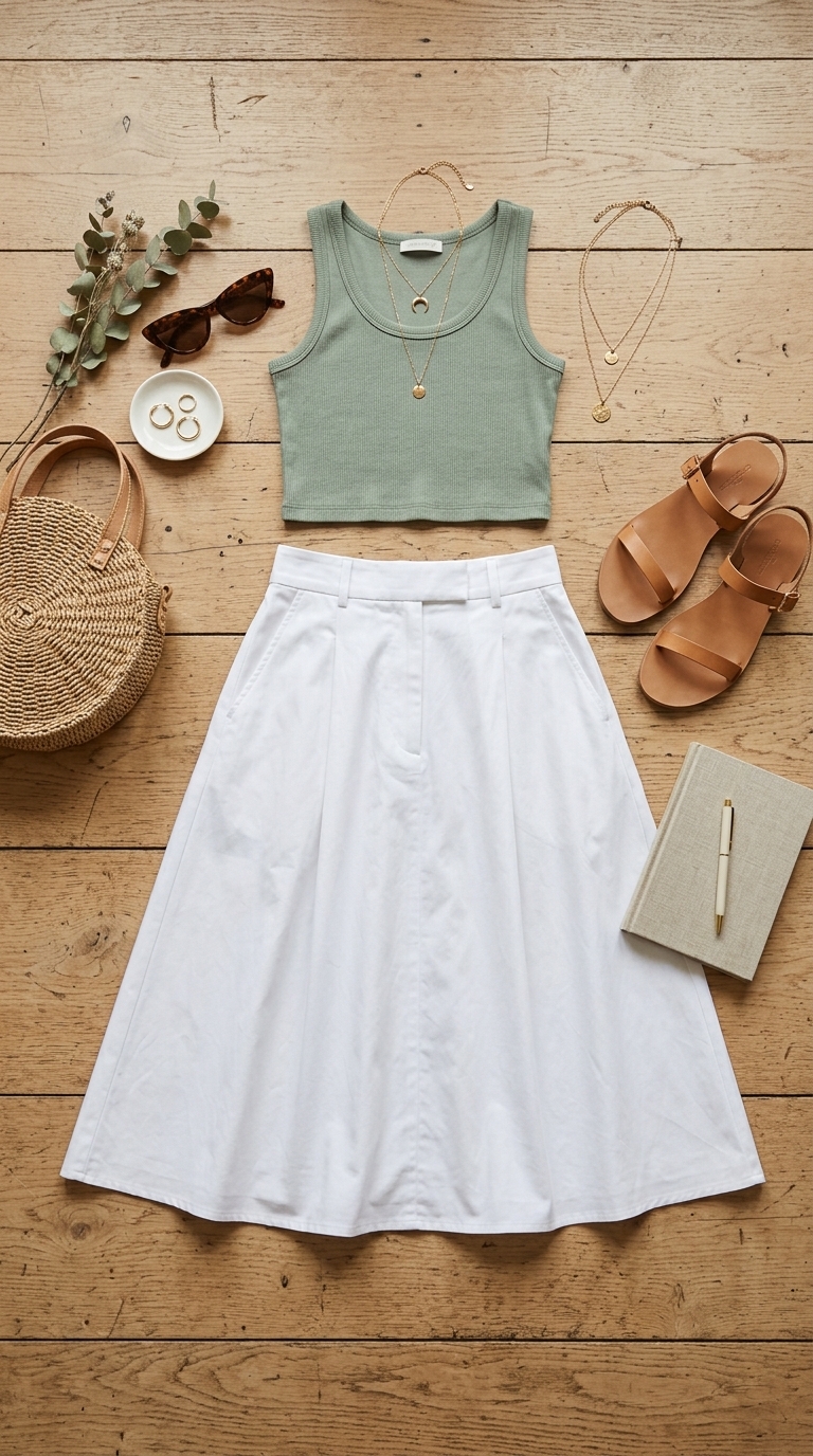 4. White Poplin Skirt + Cropped Tank Top