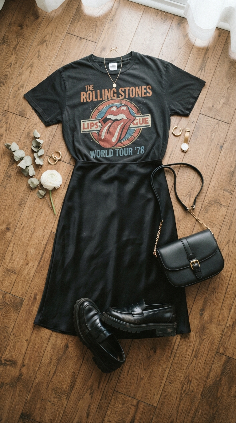 5. Edgy & Elegant: Slip Skirt with a Graphic Tee