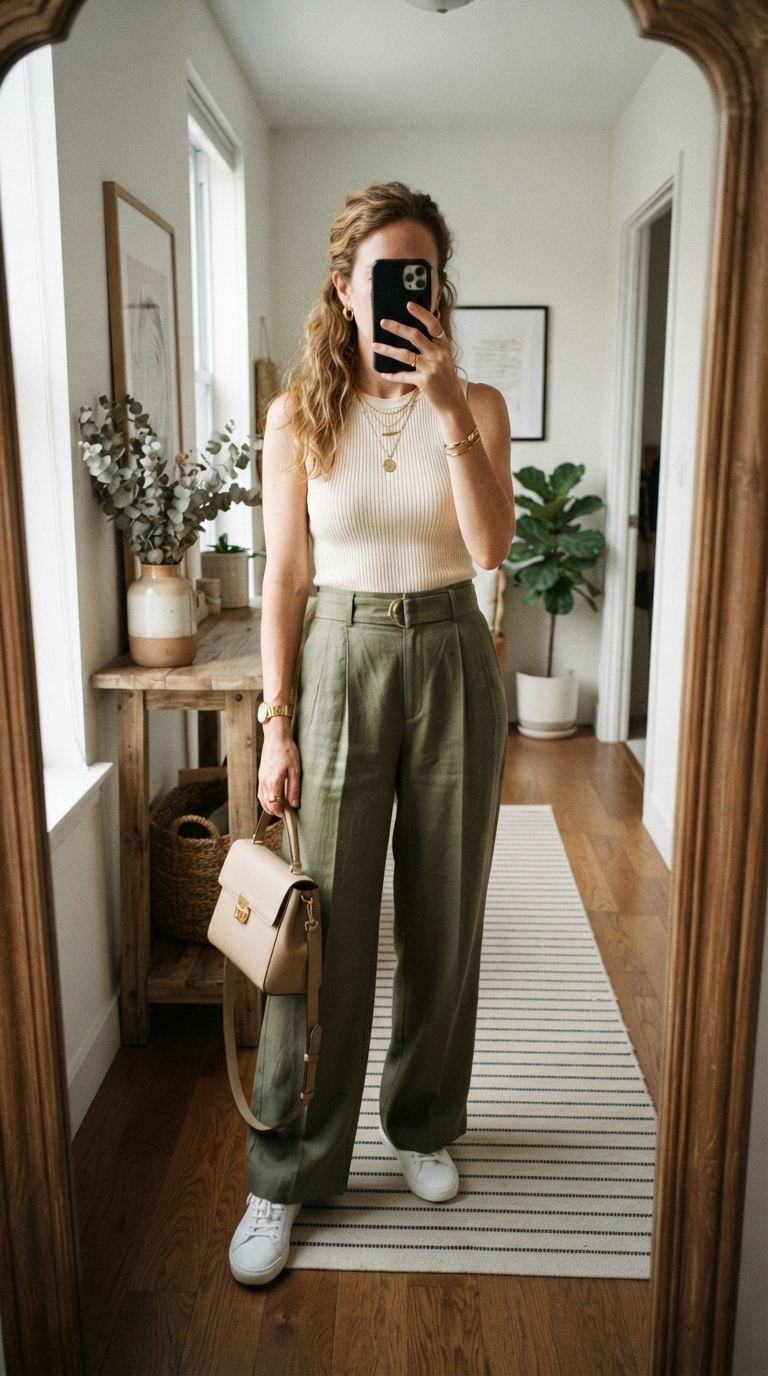 5. Elevated Olive Trousers & Neutral Top