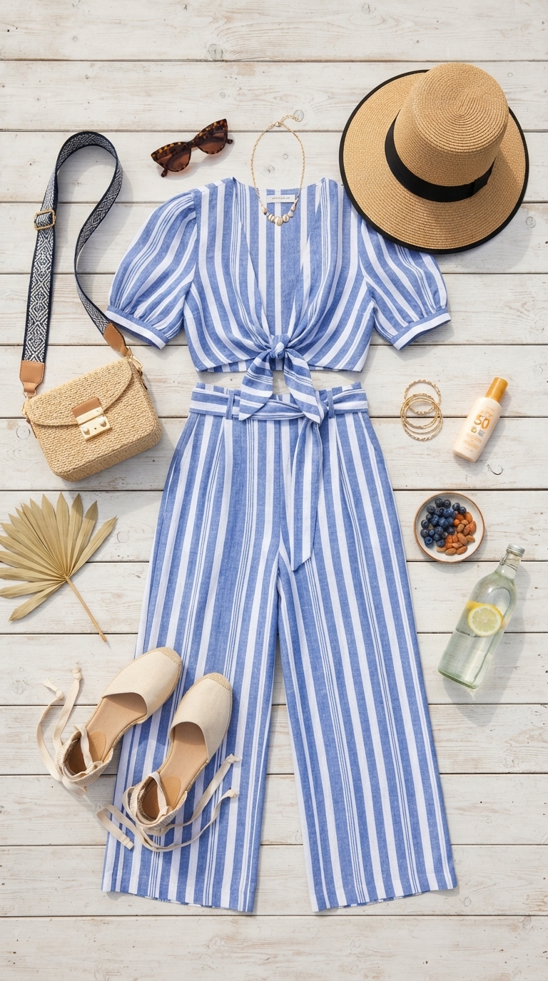 5. Nautical Striped Co-ord with a Trendy Straw Bucket Hat