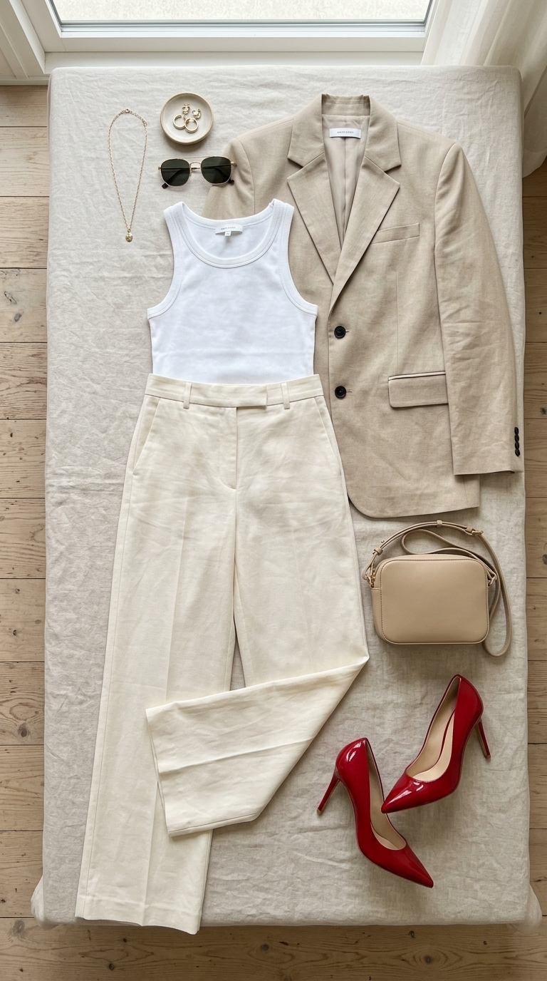 5. Red Shoes with Neutral Tones