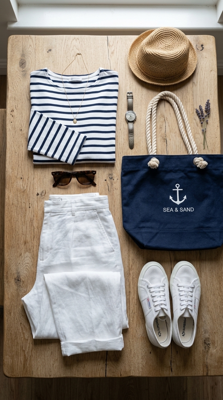 5. Striped Tee & White Trousers for Coastal Charm