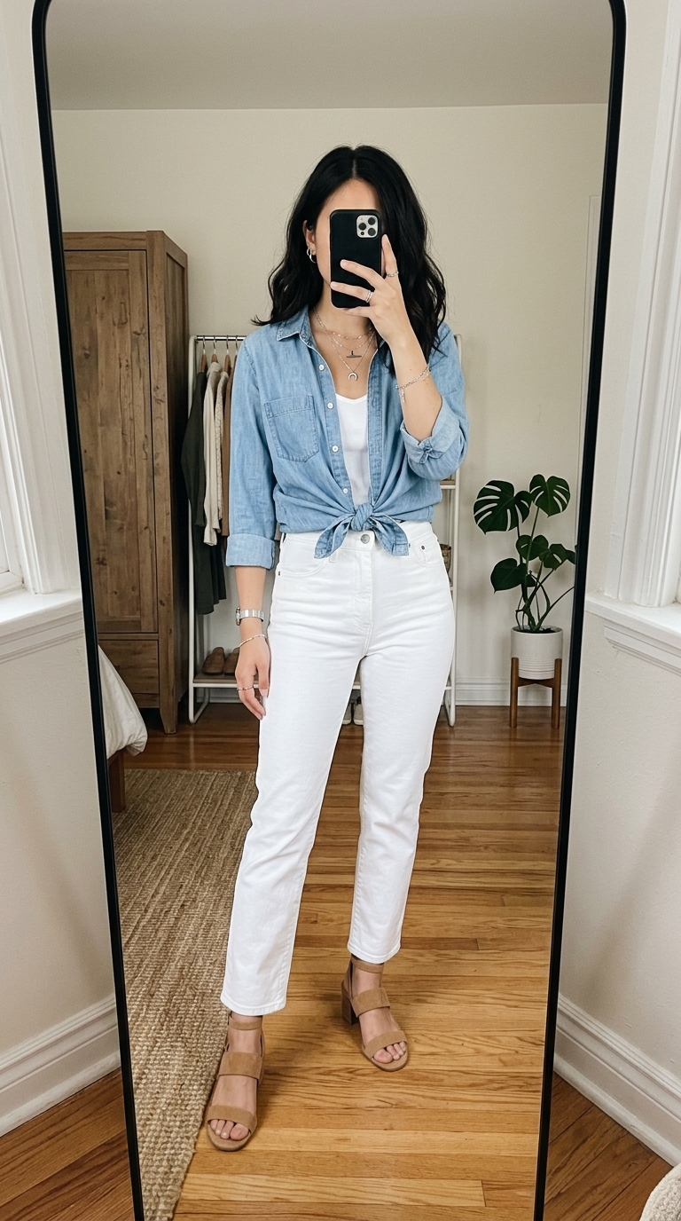 5. White Jeans & Blue Chambray Shirt