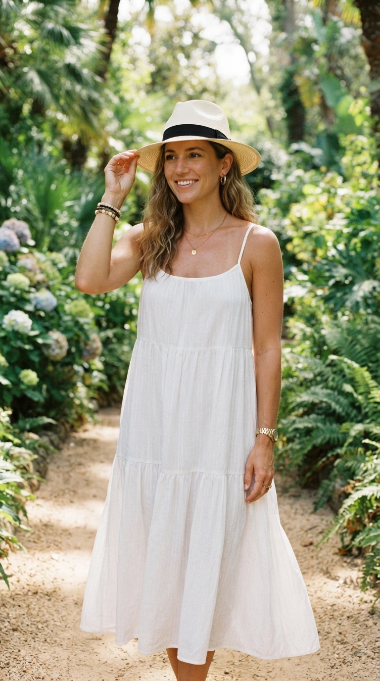 6. Breezy White Sundress with a Classic Panama Hat