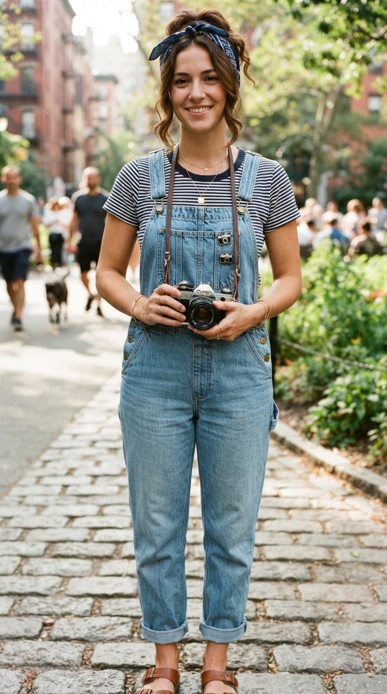 6. Denim Overalls & Striped Tee