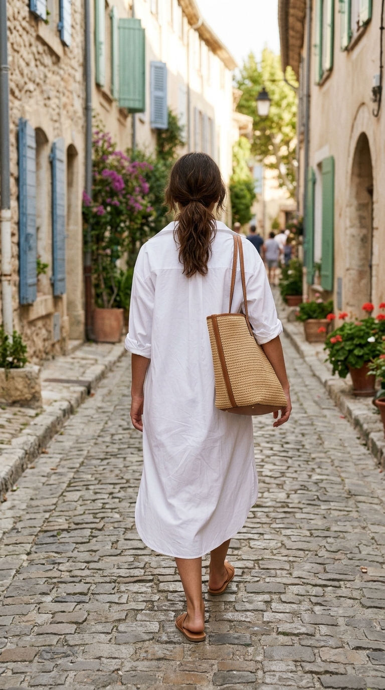 6. Poplin Shirt Dress & Woven Tote