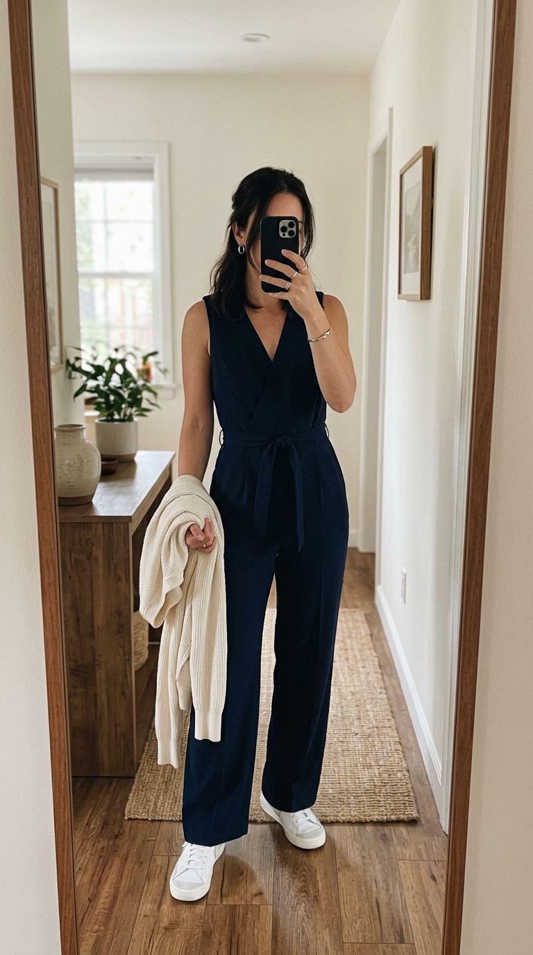 6. Sleeveless Jumpsuit + Light Cardigan
