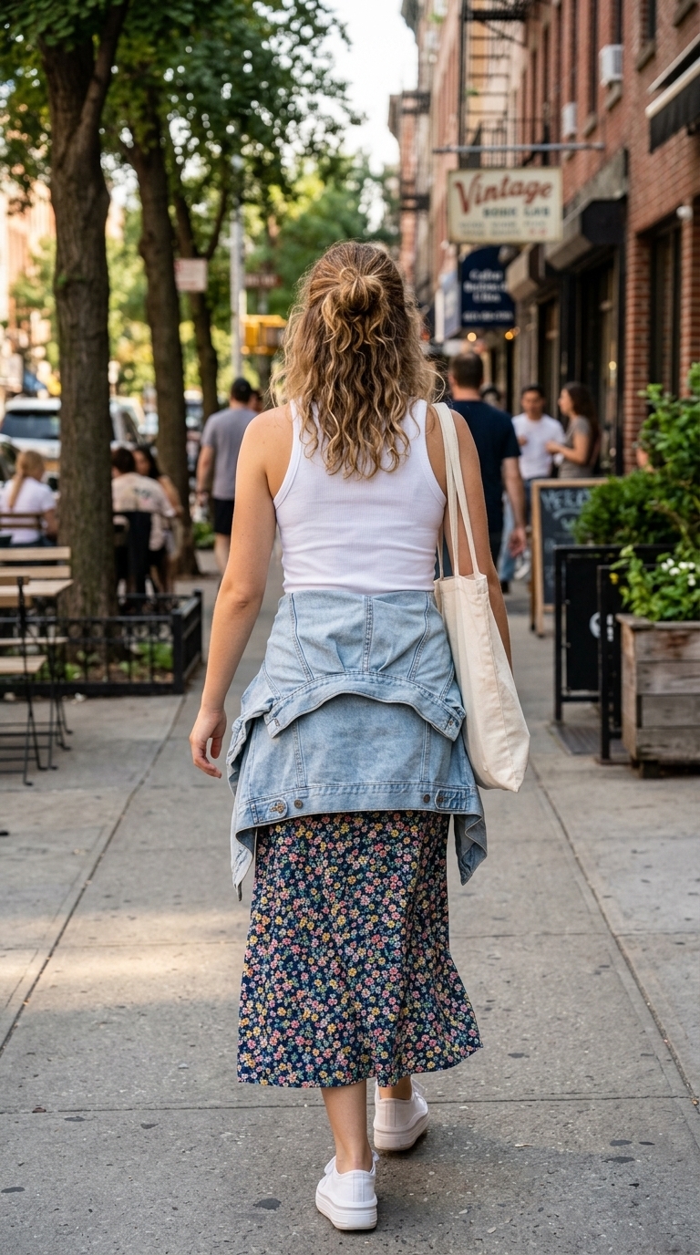 7. Basic Tank, Flowy Skirt & Denim Jacket for Layered Style