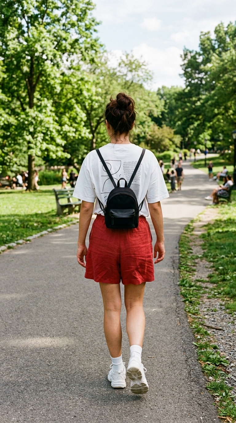 7. Oversized White Tee & Red Flowy Shorts