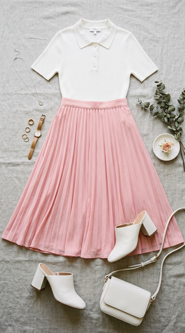 7. Playful & Polished: Pleated Midi Skirt & Knit Polo