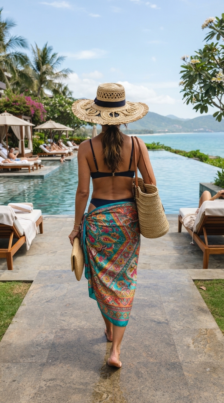 8. Elegant Sarong Wrap with a Statement Straw Hat