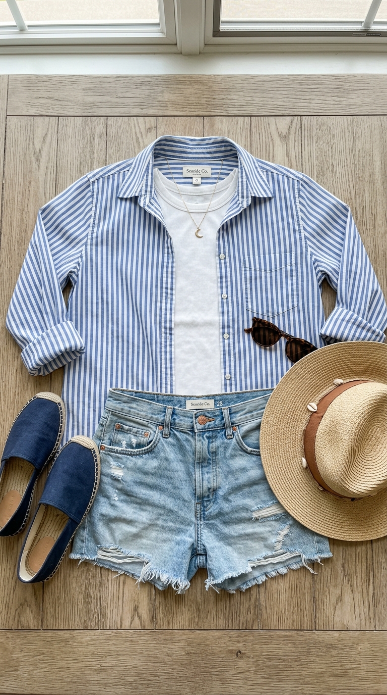 8. The Classic Striped Button-Down: Coastal Chic Layering