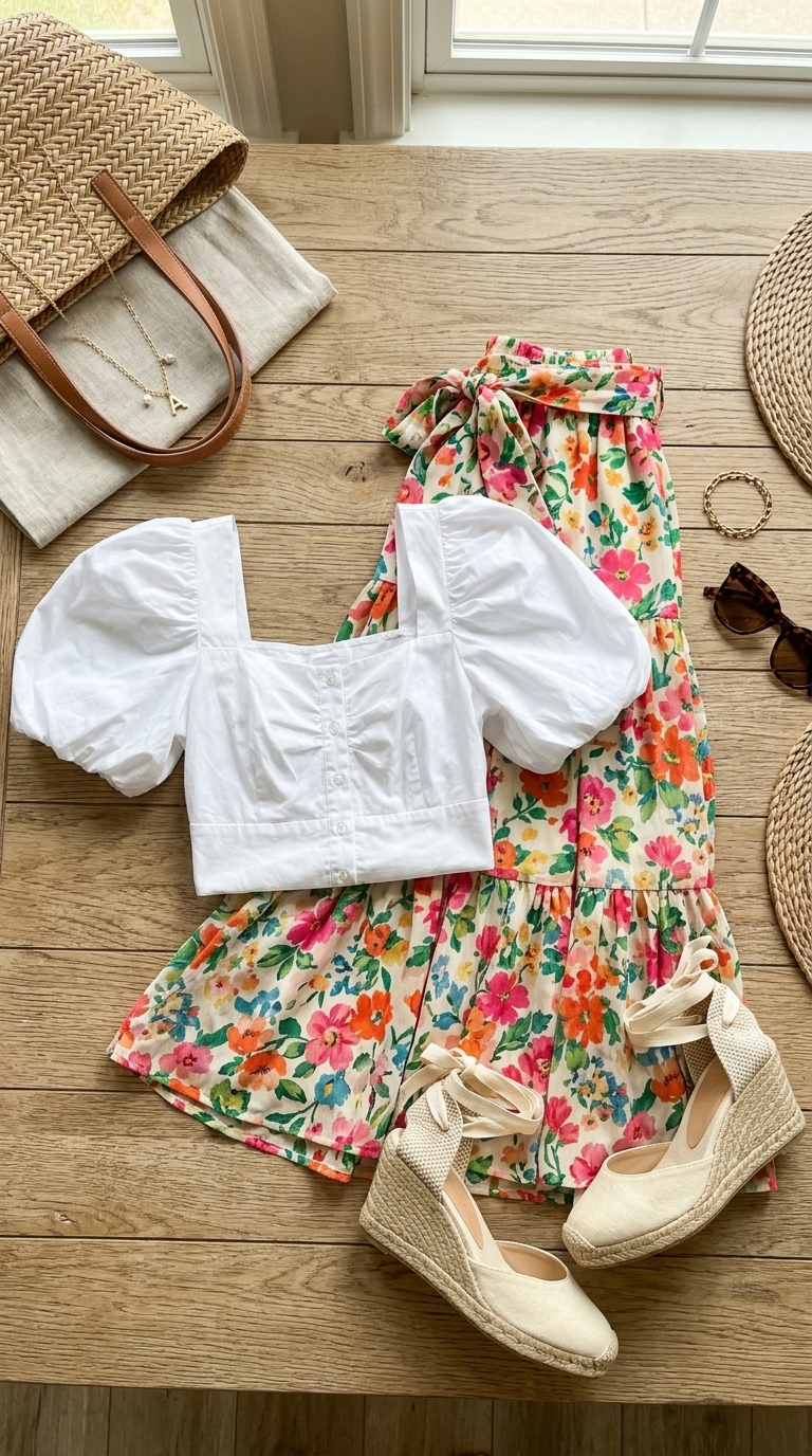 8. White Poplin Top + Colorful Midi Skirt
