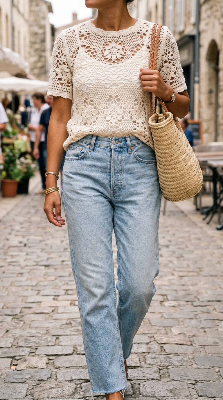 9. Boho-Cool: Crochet Top and Relaxed Jeans Combo