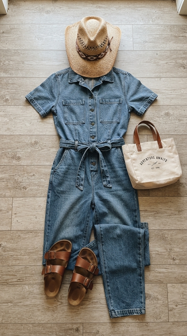 9. Casual Jumpsuit with a Playful Straw Cowboy Hat