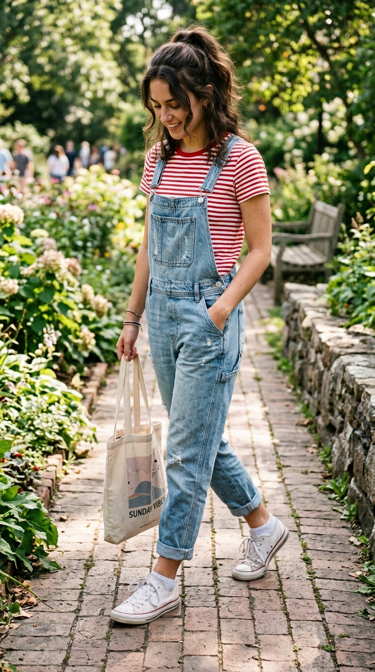 9. Denim Overalls & Striped Tee