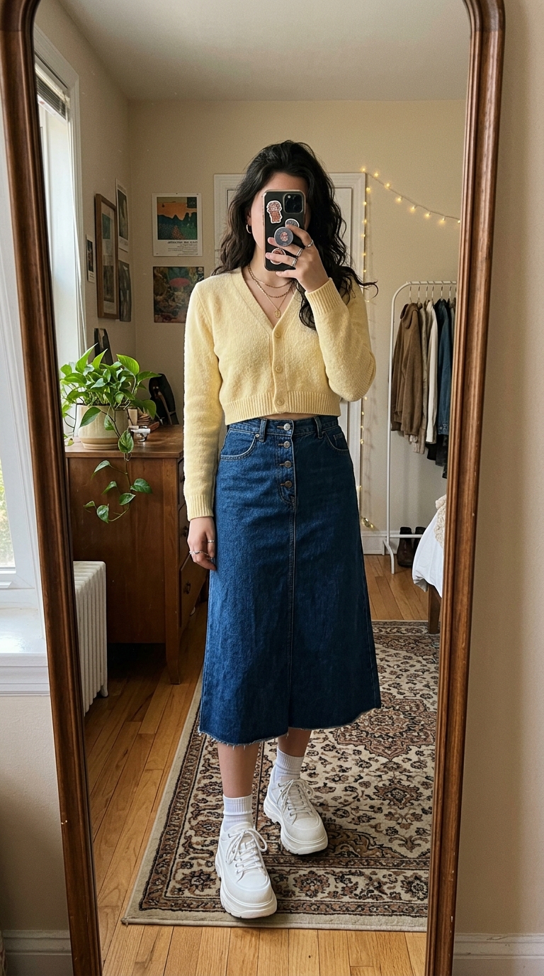 9. Retro Vibes: Denim Skirt & Cropped Cardigan